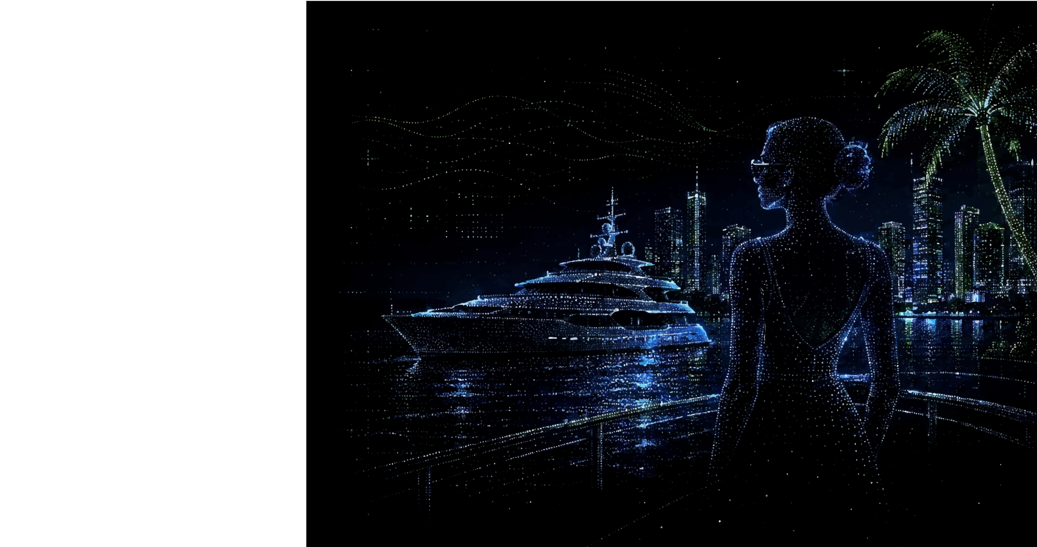 Miami waterfront lifestyle scene rendered as a machine-readable signal field